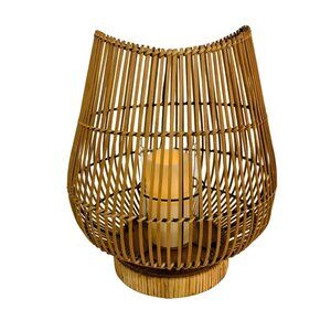 Boho Bamboo Candle Holder Lantern Glass Insert 16" Curved Rustic Home Decor Tabl